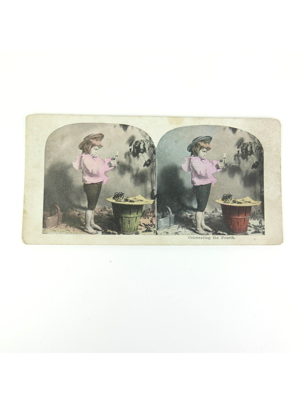 Antique Stereoview Card Boy Celebrating Fourth 4th July Hand Colored Firecracker